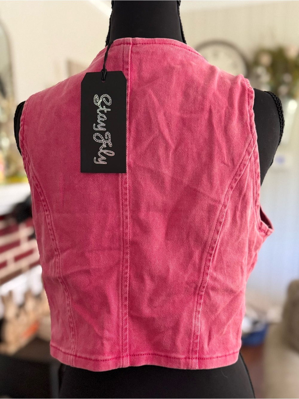 NWT Stay Fly Western Boho Pink Studded Denim‎ Vest - Women's Vest/Top Sm/Md - Picture 4 of 5